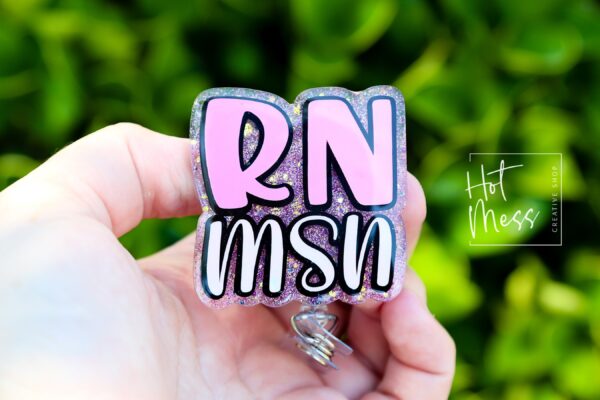 RN MSN, Pink Glitter Badge reel, badge holder, Retractable ID, Lanyard Badge Holder, Nurse Gift, Master of Science in Nursing