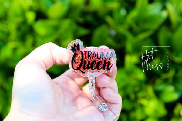 il_fullxfull.6070235178_vdry Trauma Queen Badge Reel, Trauma Queen, Nurse Badge Reel, Funny badge reel, Retractable ID Holder, Interchangeable, Glitter Badge Reel