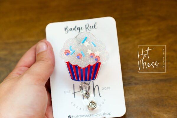 4th of July Cupcake Badge Reel, Patriotic Badge Reel,  Summer ID Holder, Interchangeable badge reel