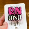 RN MSN, Pink Glitter Badge reel, badge holder, Retractable ID, Lanyard Badge Holder, Nurse Gift, Master of Science in Nursing