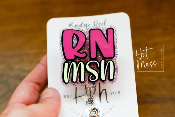 RN MSN, Pink Glitter Badge reel, badge holder, Retractable ID, Lanyard Badge Holder, Nurse Gift, Master of Science in Nursing