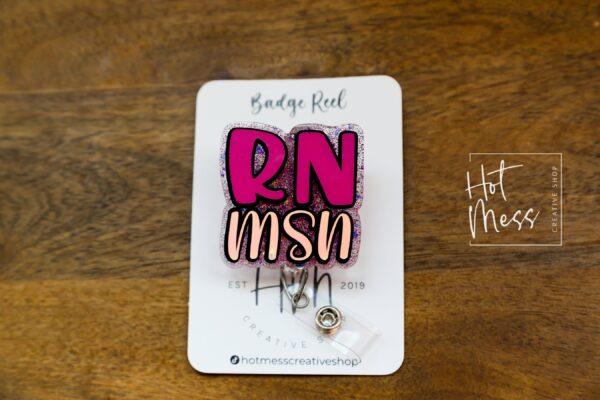 RN MSN, Pink Glitter Badge reel, badge holder, Retractable ID, Lanyard Badge Holder, Nurse Gift, Master of Science in Nursing