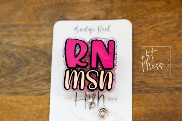 RN MSN, Pink Glitter Badge reel, badge holder, Retractable ID, Lanyard Badge Holder, Nurse Gift, Master of Science in Nursing