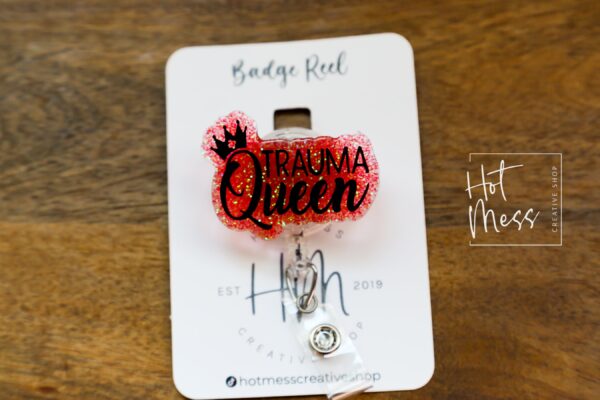 il_fullxfull.6118295247_m4qm Trauma Queen Badge Reel, Trauma Queen, Nurse Badge Reel, Funny badge reel, Retractable ID Holder, Interchangeable, Glitter Badge Reel