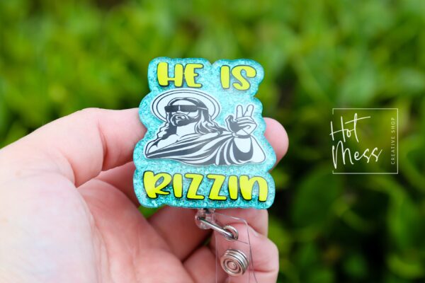 He is Rizzin Badge Reel, RN id Holder, Jesus Retractable Acrylic Badge Reel, Nurse Gift, Middle School Teacher Lanyard, Glitter id holder
