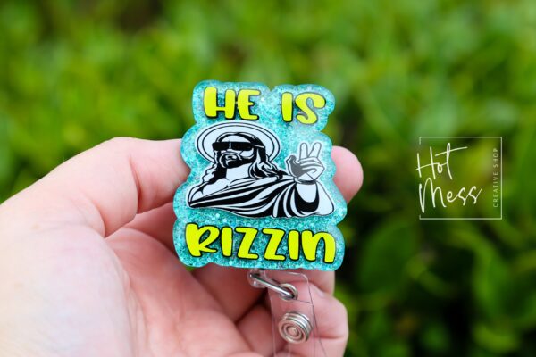 He is Rizzin Badge Reel, RN id Holder, Jesus Retractable Acrylic Badge Reel, Nurse Gift, Middle School Teacher Lanyard, Glitter id holder