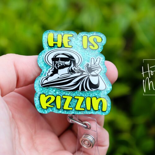 il_fullxfull.6183310257_hteo He is Rizzin Badge Reel, RN id Holder, Jesus Retractable Acrylic Badge Reel, Nurse Gift, Middle School Teacher Lanyard, Glitter id holder