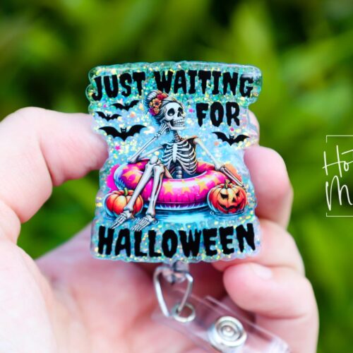 Just Waiting for Halloween Glitter Badge Reel, Nurse ID Holder, Teacher Lanyard, Halloween Badge Reel, Custom Badge Reel