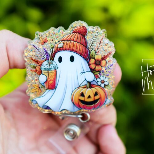 Halloween Floral Ghost  Badge Reel, Fall Badge Reel, Ghost Badge Reel, Halloween Badge Reel, Autumn Badge Reel