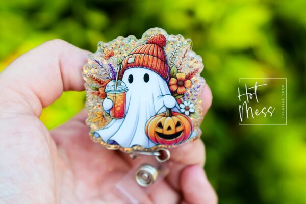 Halloween Floral Ghost  Badge Reel, Fall Badge Reel, Ghost Badge Reel, Halloween Badge Reel, Autumn Badge Reel