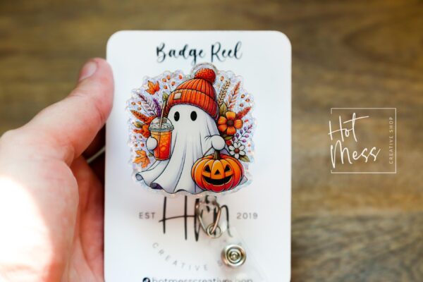Halloween Floral Ghost  Badge Reel, Fall Badge Reel, Ghost Badge Reel, Halloween Badge Reel, Autumn Badge Reel