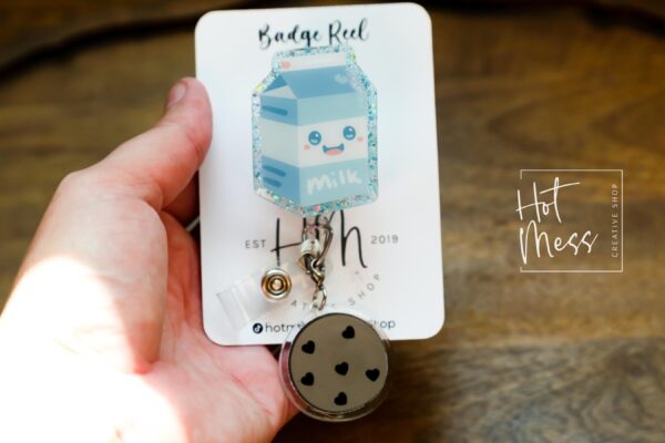 Cookies and Milk Badge Reel, Funny Badge Reel, Waitress Badge Reel, Retractable ID Holder, Food Badge Reels, kawaii badge reel