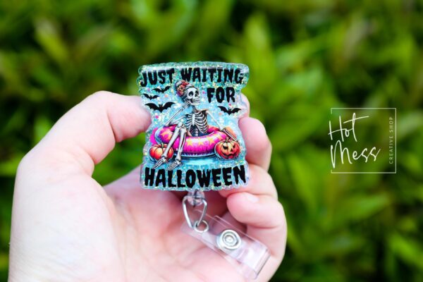 Just Waiting for Halloween Glitter Badge Reel, Nurse ID Holder, Teacher Lanyard, Halloween Badge Reel, Custom Badge Reel