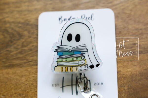 Reading Ghost Halloween Badge Reel,  Halloween ID Holder, Interchangeable Glitter badge reel