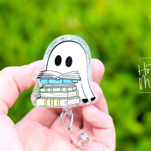 Reading Ghost Halloween Badge Reel,  Halloween ID Holder, Interchangeable Glitter badge reel