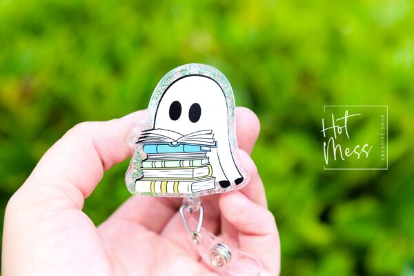 Reading Ghost Halloween Badge Reel,  Halloween ID Holder, Interchangeable Glitter badge reel