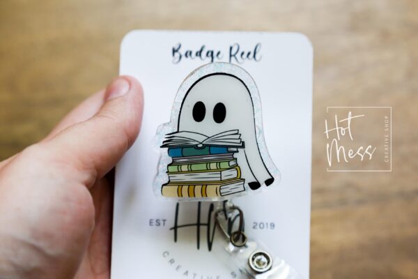 Reading Ghost Halloween Badge Reel,  Halloween ID Holder, Interchangeable Glitter badge reel