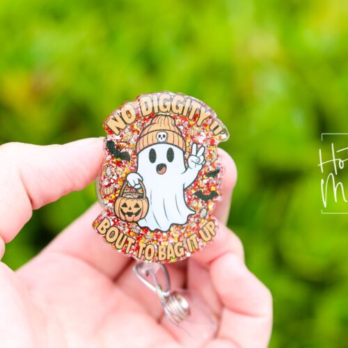 Halloween No diggity, about to bag it up Badge Reel, Fall Badge Reel, Ghost Badge Reel, Halloween Badge Reel, Autumn Badge Reel