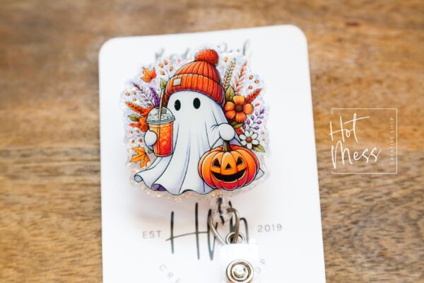 Halloween Floral Ghost  Badge Reel, Fall Badge Reel, Ghost Badge Reel, Halloween Badge Reel, Autumn Badge Reel