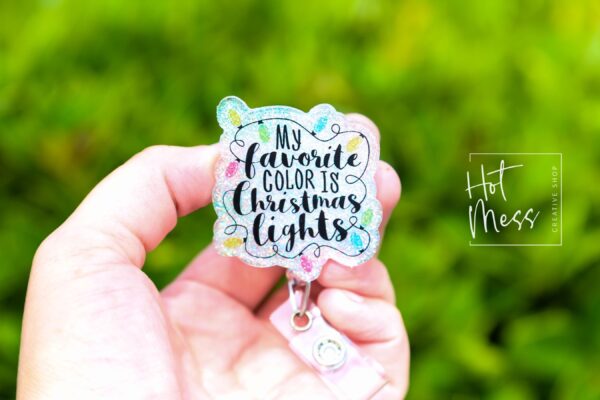 My favorite color is Christmas lights Badge Reel, Christmas Badge Reel, Retractable ID Holder, Interchangeable, Glitter Badge Reel