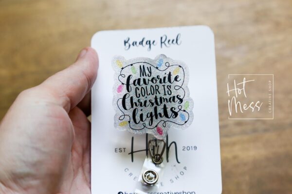 My favorite color is Christmas lights Badge Reel, Christmas Badge Reel, Retractable ID Holder, Interchangeable, Glitter Badge Reel