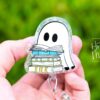Reading Ghost Halloween Badge Reel,  Halloween ID Holder, Interchangeable Glitter badge reel