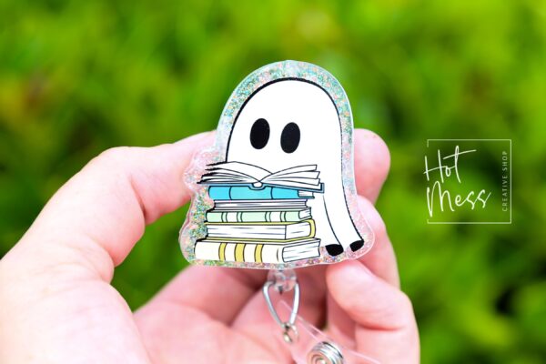 Reading Ghost Halloween Badge Reel,  Halloween ID Holder, Interchangeable Glitter badge reel