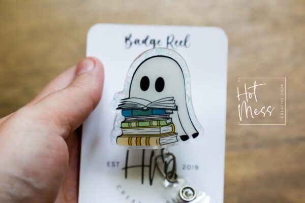 Reading Ghost Halloween Badge Reel,  Halloween ID Holder, Interchangeable Glitter badge reel