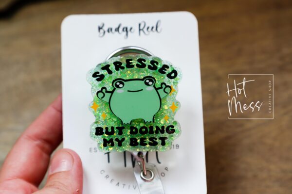 Stressed but doing my best Funny Badge reel, Glitter RN ID Holder, Retractable Acrylic Badge Reel, Nurse Gift, Night Shift, Stocking Stuffer