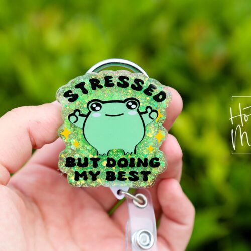 il_fullxfull.6321746071_sh0v Stressed but doing my best Funny Badge reel, Glitter RN ID Holder, Retractable Acrylic Badge Reel, Nurse Gift, Night Shift, Stocking Stuffer