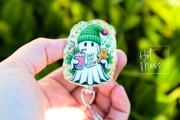 Don't Stop Believing Badge Reel, Christmas Badge Reel, Retractable ID Holder, Interchangeable, Glitter Badge Reel, Christmas Ghost