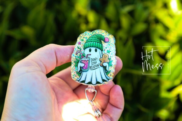 Don't Stop Believing Badge Reel, Christmas Badge Reel, Retractable ID Holder, Interchangeable, Glitter Badge Reel, Christmas Ghost