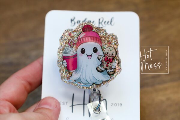 Cute  Christmas Ghost Badge Reel, Christmas Badge Reel, Retractable ID Holder, Interchangeable, Glitter Badge Reel, Christmas Ghost