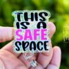 This is a Safe Space Badge Reel, school counselor lanyard, LGBT Pride Retractable Badge Reel, ID Holder