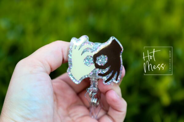 Silver ASL Badge Reel, sign language ID Holder, Retractable Acrylic Badge Reel, ASL, Sign Language badge reel