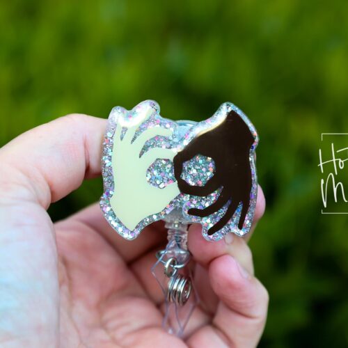 Silver ASL Badge Reel, sign language ID Holder, Retractable Acrylic Badge Reel, ASL, Sign Language badge reel