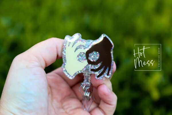 Silver ASL Badge Reel, sign language ID Holder, Retractable Acrylic Badge Reel, ASL, Sign Language badge reel