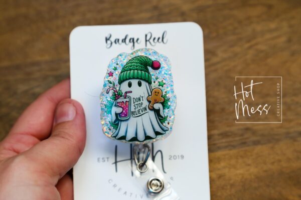 Don't Stop Believing Badge Reel, Christmas Badge Reel, Retractable ID Holder, Interchangeable, Glitter Badge Reel, Christmas Ghost