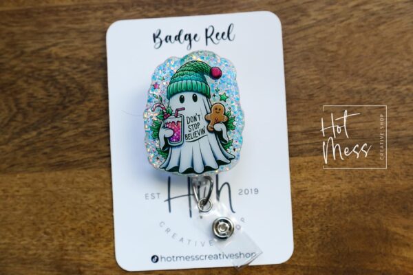 Don't Stop Believing Badge Reel, Christmas Badge Reel, Retractable ID Holder, Interchangeable, Glitter Badge Reel, Christmas Ghost