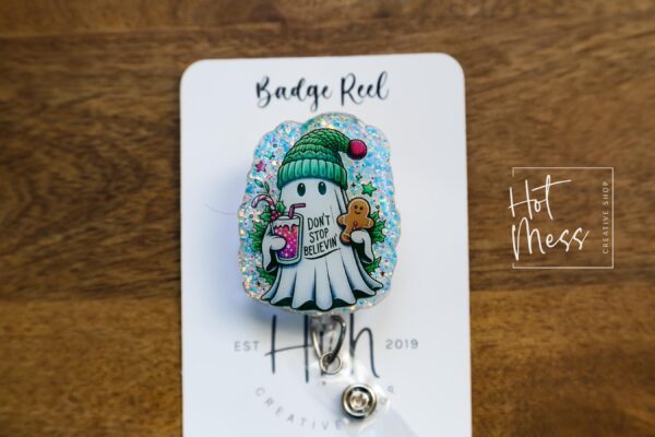 Don't Stop Believing Badge Reel, Christmas Badge Reel, Retractable ID Holder, Interchangeable, Glitter Badge Reel, Christmas Ghost