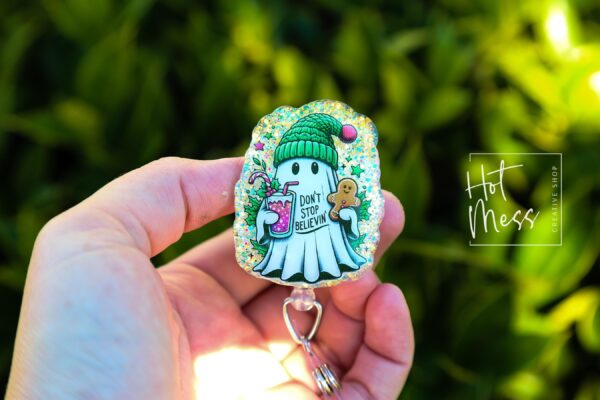 Don't Stop Believing Badge Reel, Christmas Badge Reel, Retractable ID Holder, Interchangeable, Glitter Badge Reel, Christmas Ghost