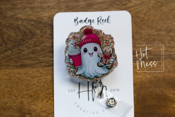 Cute  Christmas Ghost Badge Reel, Christmas Badge Reel, Retractable ID Holder, Interchangeable, Glitter Badge Reel, Christmas Ghost