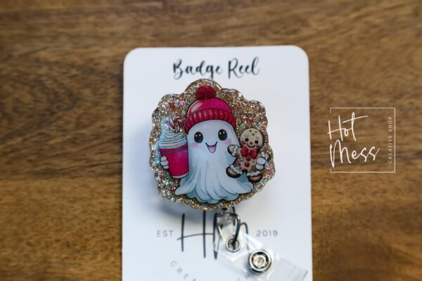 Cute  Christmas Ghost Badge Reel, Christmas Badge Reel, Retractable ID Holder, Interchangeable, Glitter Badge Reel, Christmas Ghost