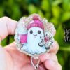 Cute  Christmas Ghost Badge Reel, Christmas Badge Reel, Retractable ID Holder, Interchangeable, Glitter Badge Reel, Christmas Ghost