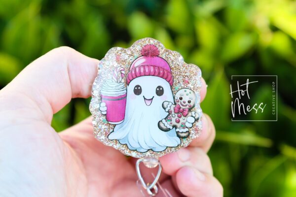 Cute  Christmas Ghost Badge Reel, Christmas Badge Reel, Retractable ID Holder, Interchangeable, Glitter Badge Reel, Christmas Ghost