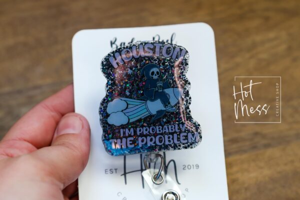 Houston I'm the Problem Funny Badge Reel, RN ID Holder, Retractable Acrylic Badge Reel, Office work Badge holder, Pink