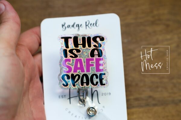 This is a Safe Space Badge Reel, school counselor lanyard, LGBT Pride Retractable Badge Reel, ID Holder