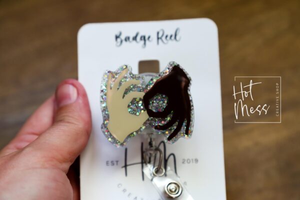 Silver ASL Badge Reel, sign language ID Holder, Retractable Acrylic Badge Reel, ASL, Sign Language badge reel