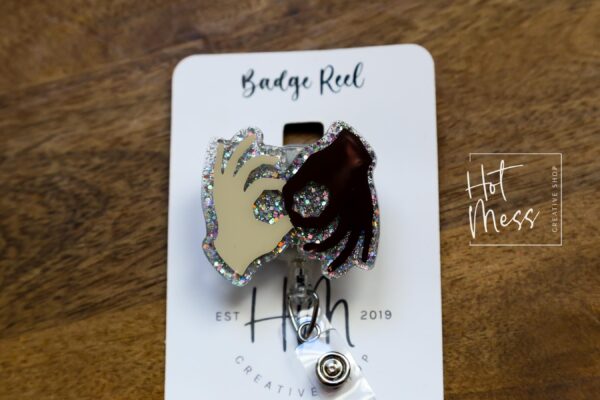 Silver ASL Badge Reel, sign language ID Holder, Retractable Acrylic Badge Reel, ASL, Sign Language badge reel
