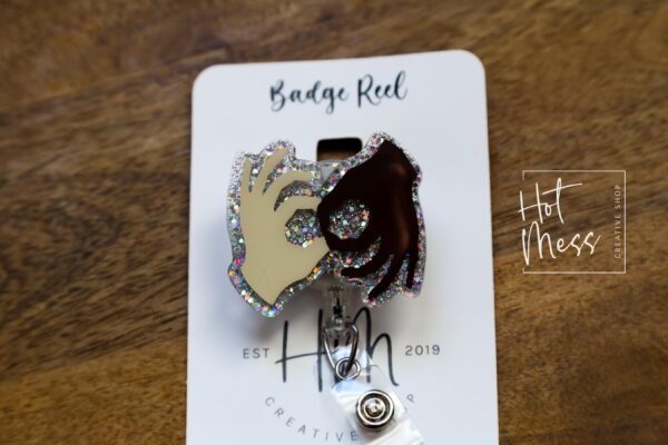 Silver ASL Badge Reel, sign language ID Holder, Retractable Acrylic Badge Reel, ASL, Sign Language badge reel